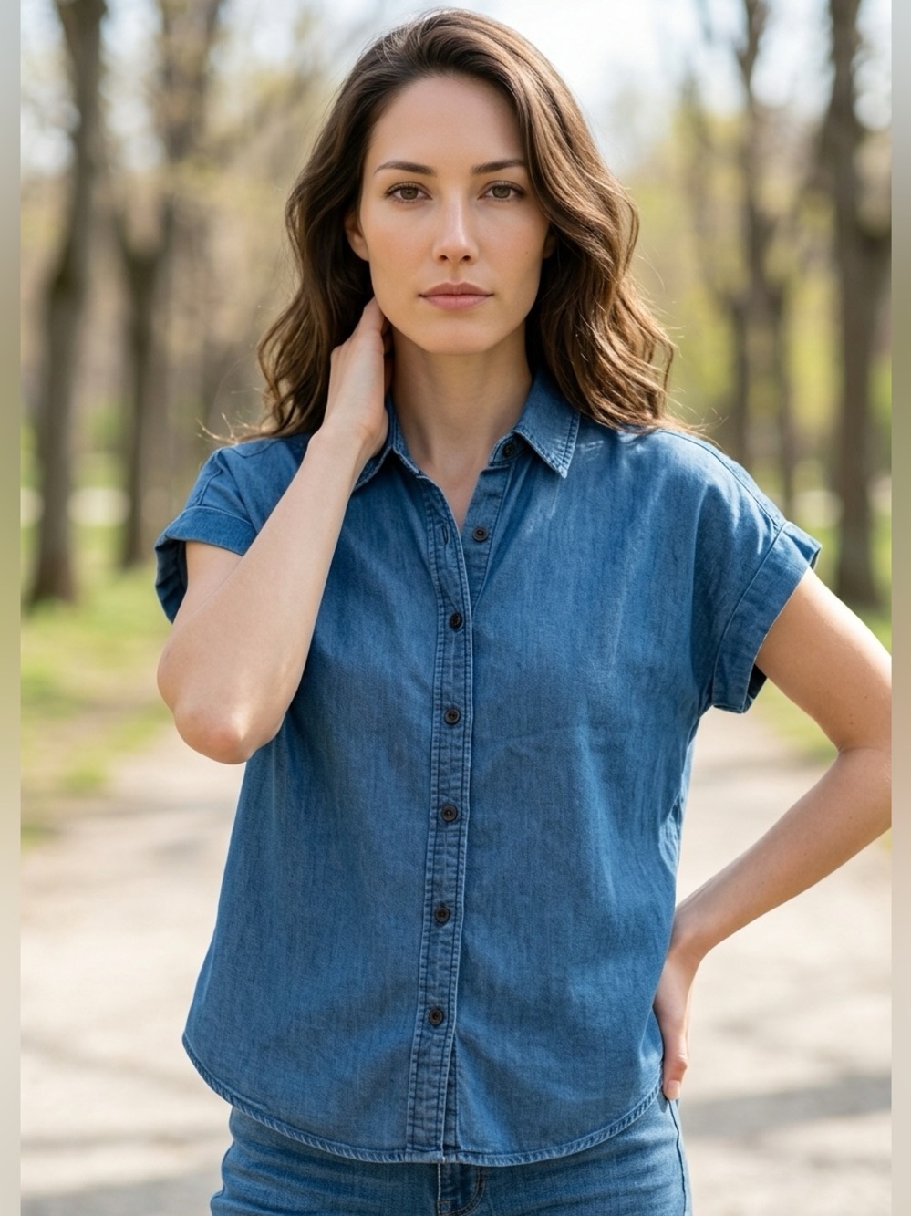 Tilley Denim Blue Tencel Cotton Short Sleeve Button-Down Casual Shirt-S